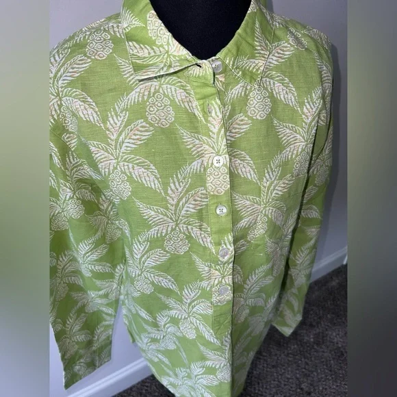 Tizzie Bright Green Pineapple Linen Popover Blouse Top Size L - Picture 3 of 9